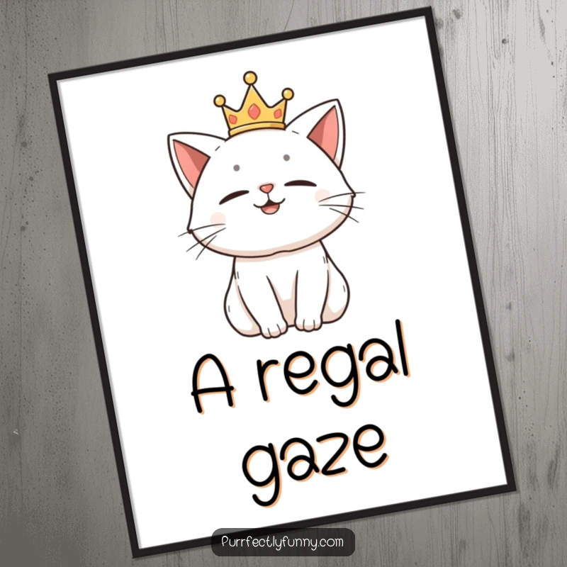 Funny digital art of a cat character wearing a small crown, exuding pride and amusement.