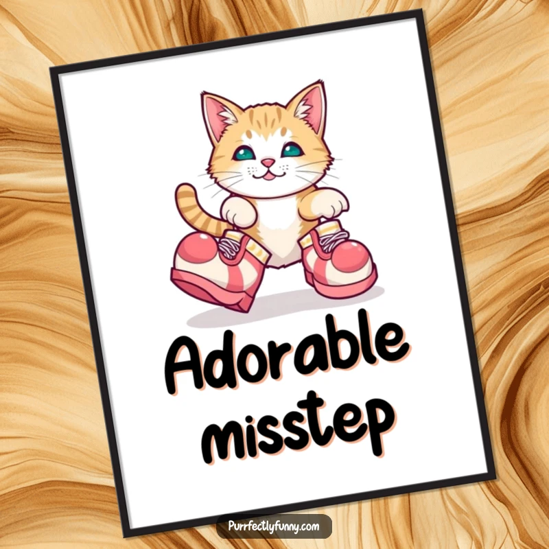 Funny digital art print of a cat adorably tripping in oversized clown shoes, capturing pure comedic charm.