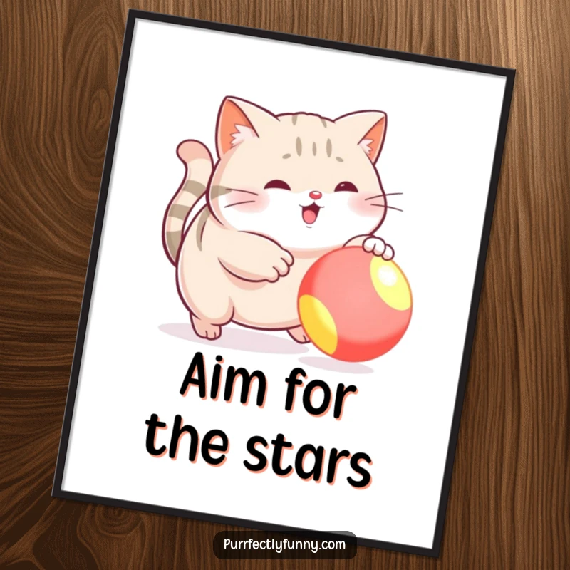 Funny digital art of a plump cat in a funny, dynamic pose, attempting to catch a bouncy ball, ready to print.