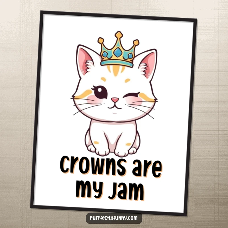 Funny Cat Digital Art Print: High-resolution, humorous artwork of a cat wearing a crown and tipping it with a playful wink.