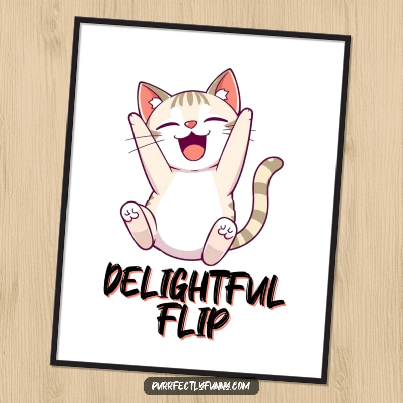 Funny delighted cat digital art print, capturing a cat performing a comical somersault with an expression of absolute bliss.