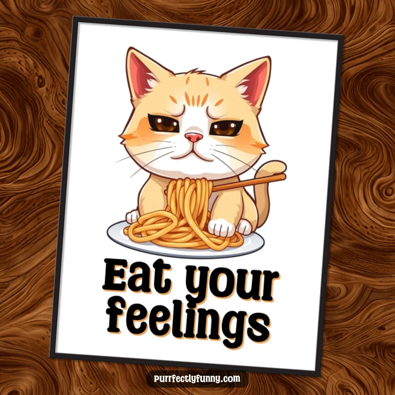 Funny cat digital art with a goofy expression eating spaghetti, pasta flying everywhere, for printable wall decor.