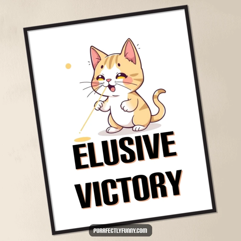 Funny cat digital art print, a stylized cartoon cat intensely focused on a bright red laser dot, conveying a sense of urgency and humor.