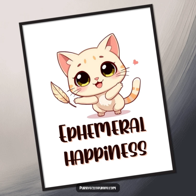 Funny cat with big, round eyes joyfully chasing a floating feather, ready to be printed as art.