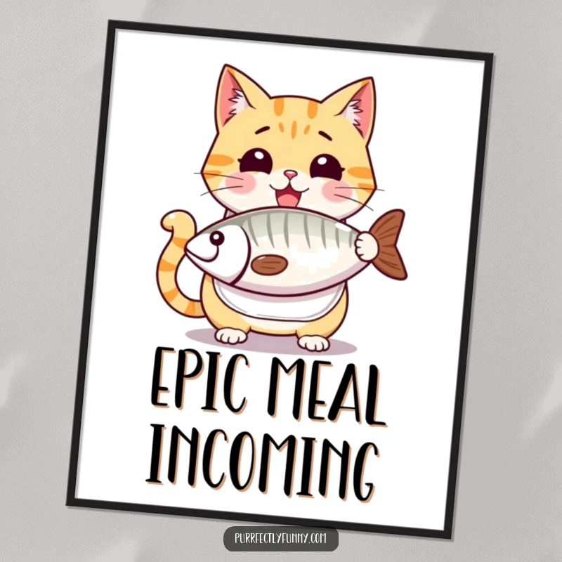 Funny cat digital art print, a stylized cartoon cat wearing a bib, eyes wide with anticipation for an absurdly large fish treat, showing pure delight.