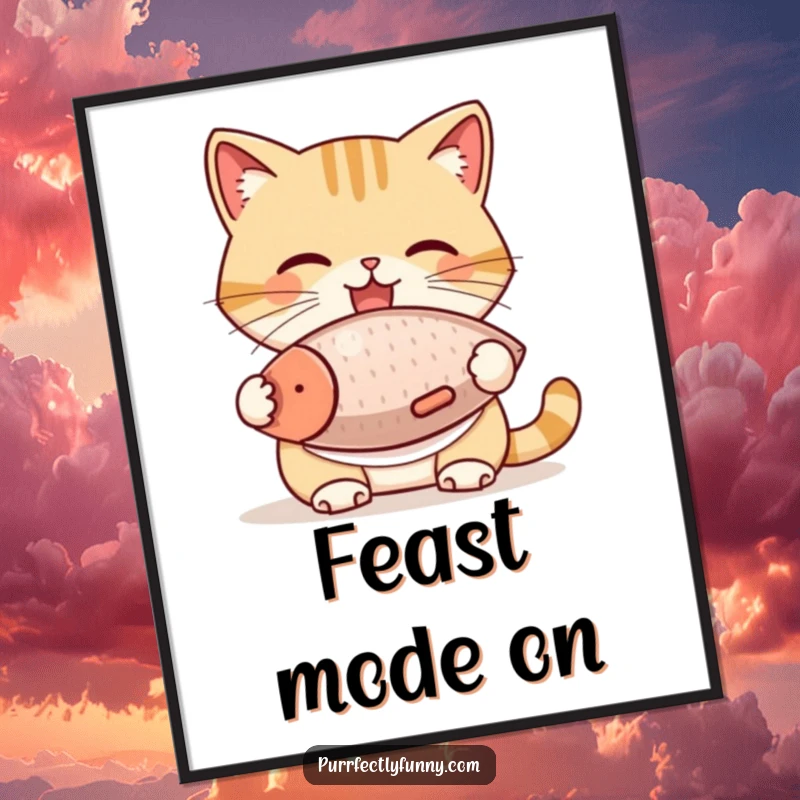Funny Cat Digital Art: A cat in a bib joyfully devours a giant fish treat, a humorous and charming digital illustration for printing.
