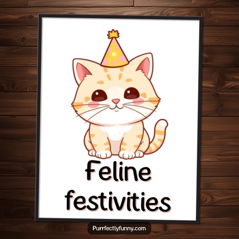 Funny Cat Digital Art Print of a cat in a party hat with a long, celebratory whisker, offering a burst of fun and whimsy.