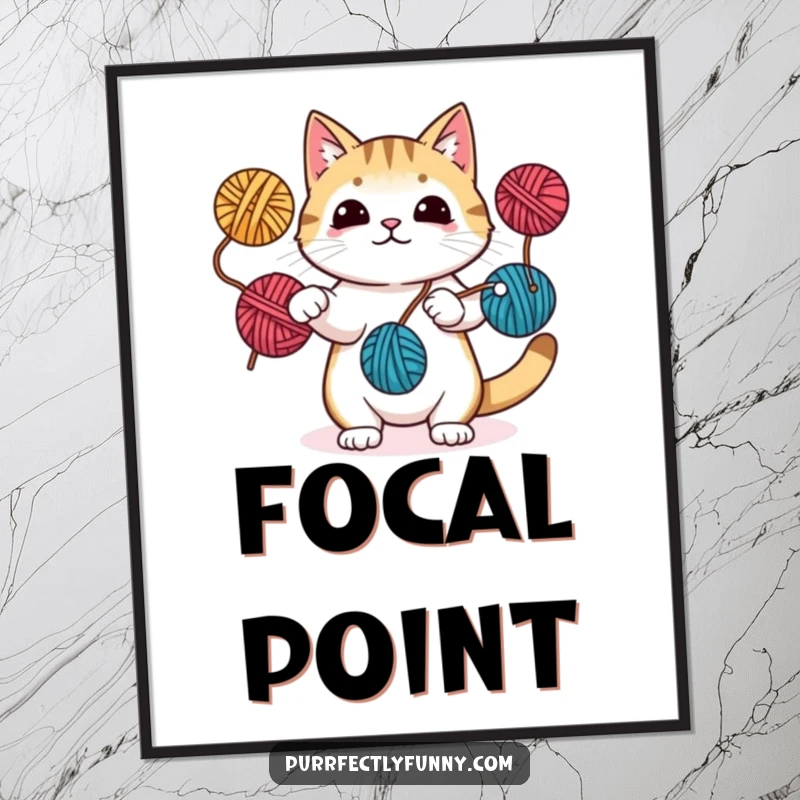 Funny digital art print of a cat juggling yarn balls with paws and tail, capturing impressive feline dexterity and playfulness.