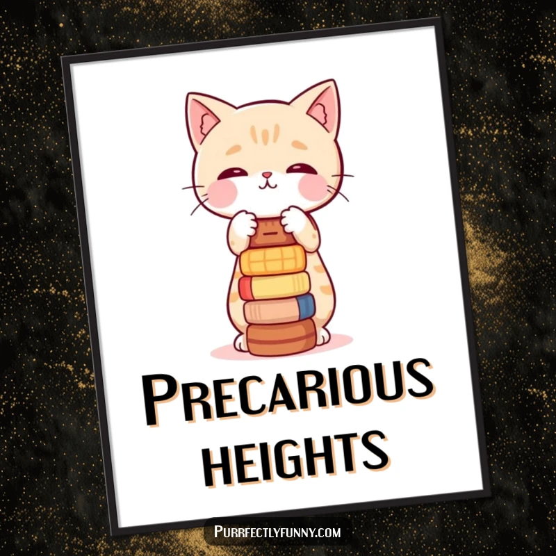Funny digital art of a cat character balancing a tall stack of small, playfully wobbly items.