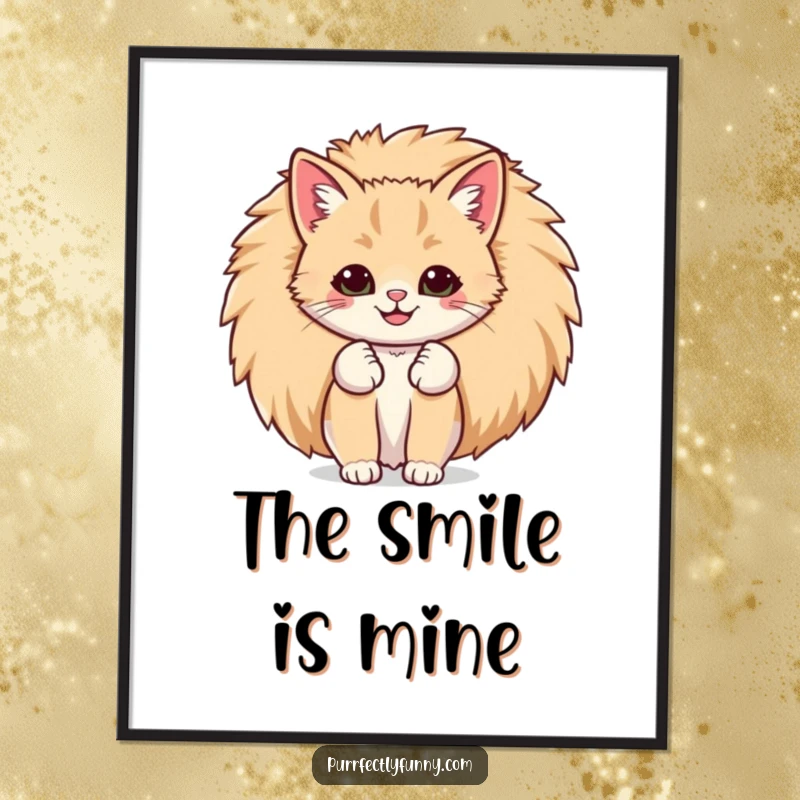 Funny digital art print of a cat with a comically large smile peeking out from behind its giant, fluffy tail, radiating happiness.