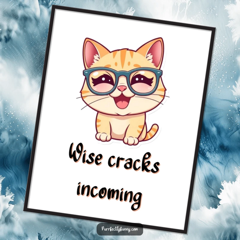 Funny cat illustration wearing quirky glasses, mid-giggle, as a digital art print for instant humorous home decor.