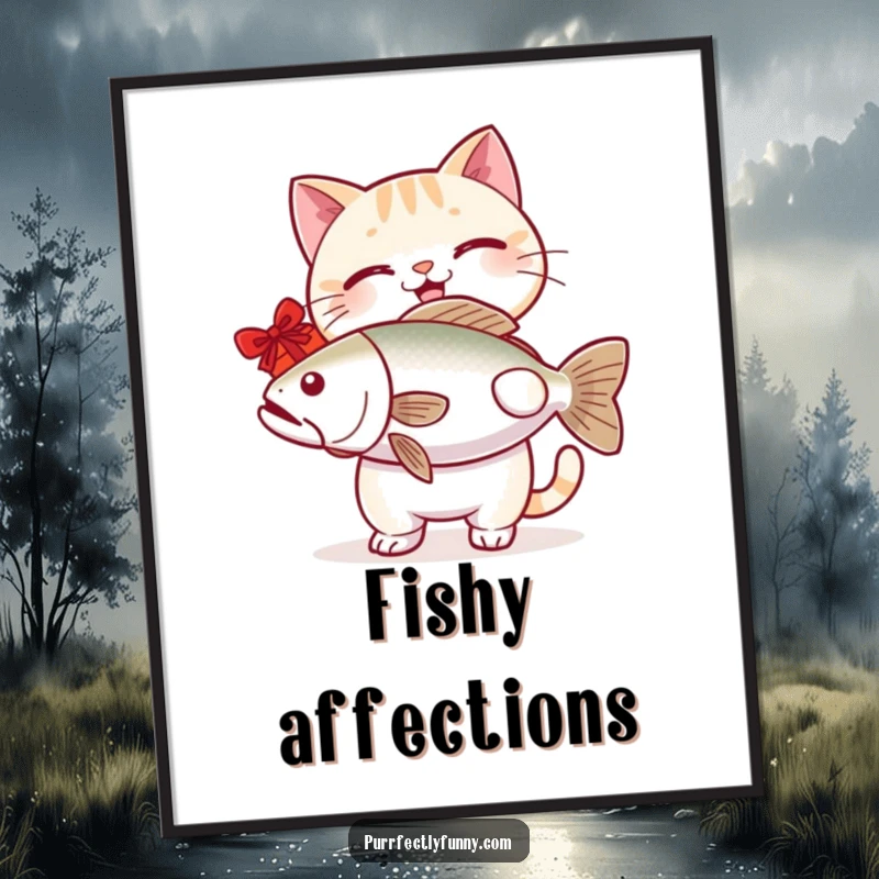 Funny cat digital art print of a cheerful cat offering a massive fish, a humorous and easily shareable piece.