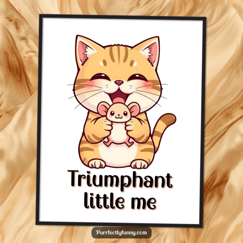 Funny digital art print of a triumphant cat holding a toy mouse, great for instant decor.