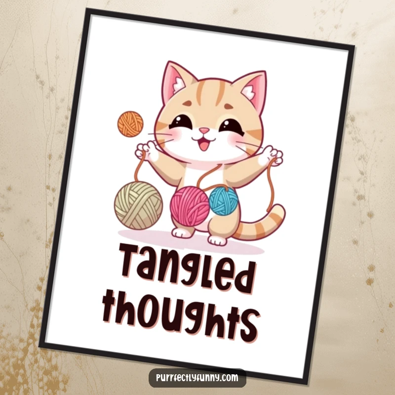 Funny cat performing a whimsical juggle with three balls of yarn, ideal for instant digital art prints.