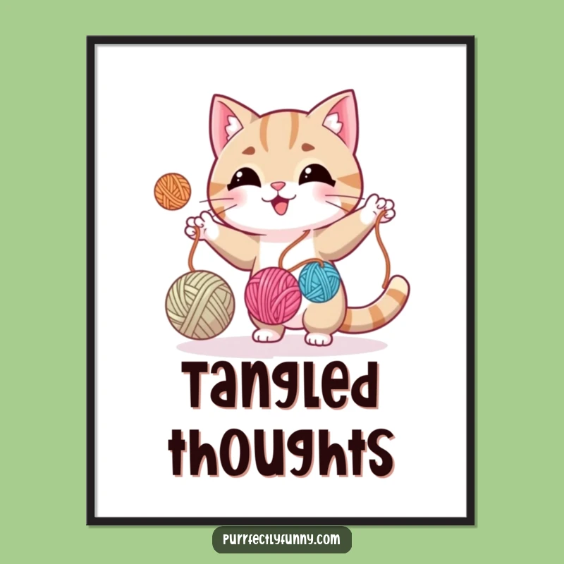 Funny Cat Juggling Yarn Digital Art - Instant Whimsical Decor for Crafty Spaces