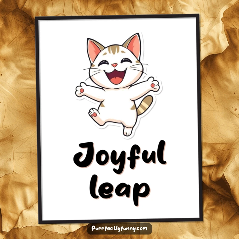 Funny cat captured in a dynamic, joyful leap with an ecstatic grin, ideal for instant digital art prints.