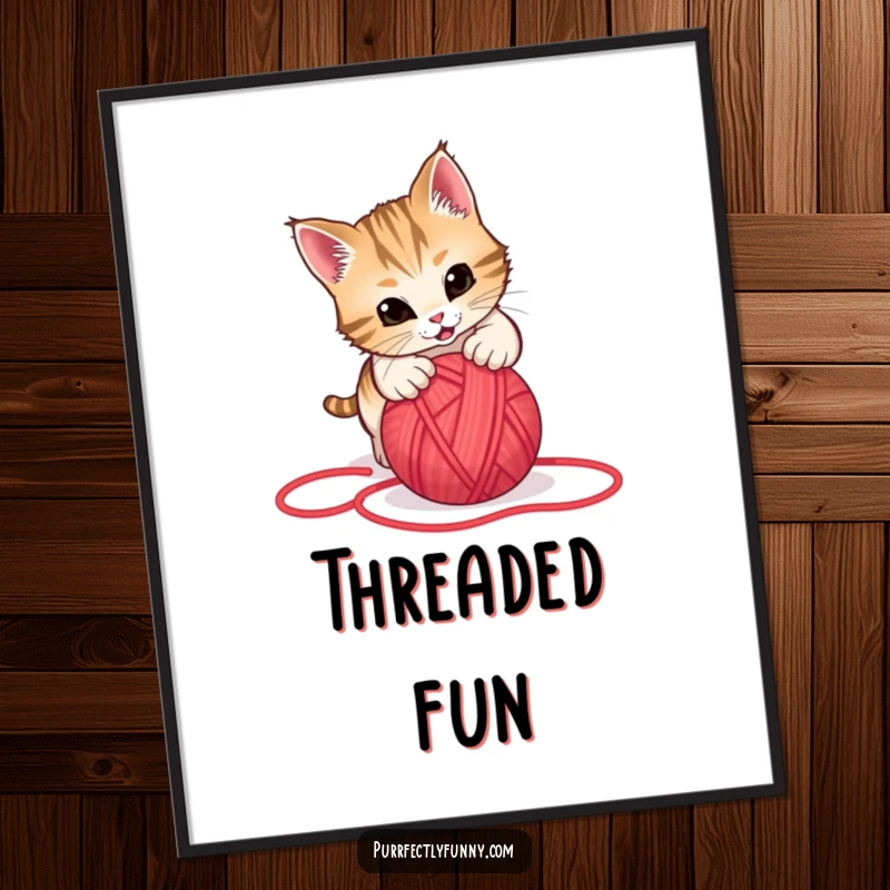 Funny digital art print of a cat in mid-pounce, hilariously attacking a rolling red yarn ball, perfect for adding playful decor.