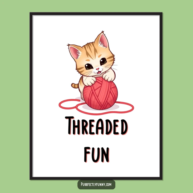 Funny Cat Pouncing Yarn Digital Print: Hilarious Wall Art for Cat Lovers