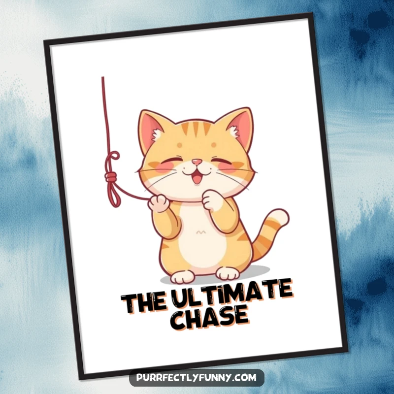 Funny digital art print of a cat actively playing with a dangling string, great for instant decor.