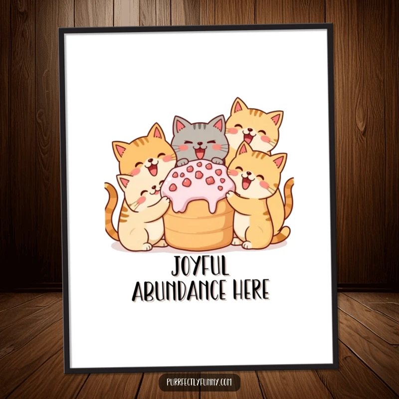 Funny digital art print of simplified cats joyfully sharing a giant treat, downloadable for immediate display.