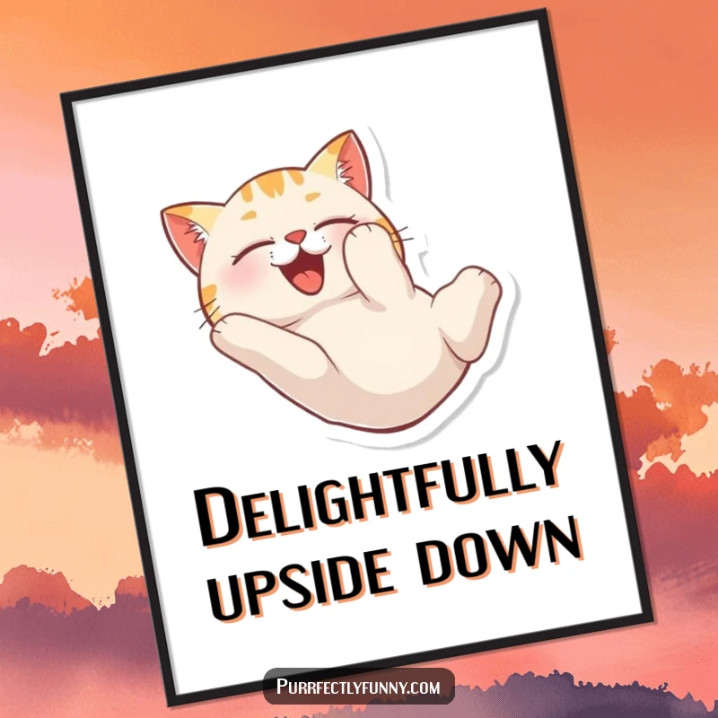 Funny digital art print of a cat tumbling head over heels with pure delight, great for instant decor.