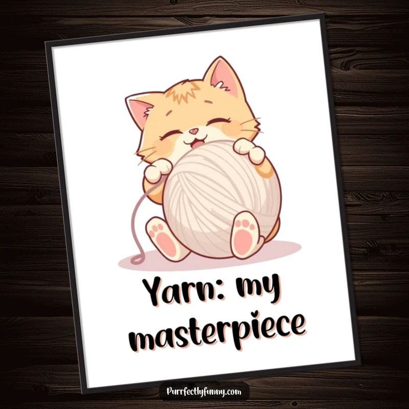 Funny Digital Art Print of an energetic cat batting a huge ball of yarn, capturing pure feline fun.