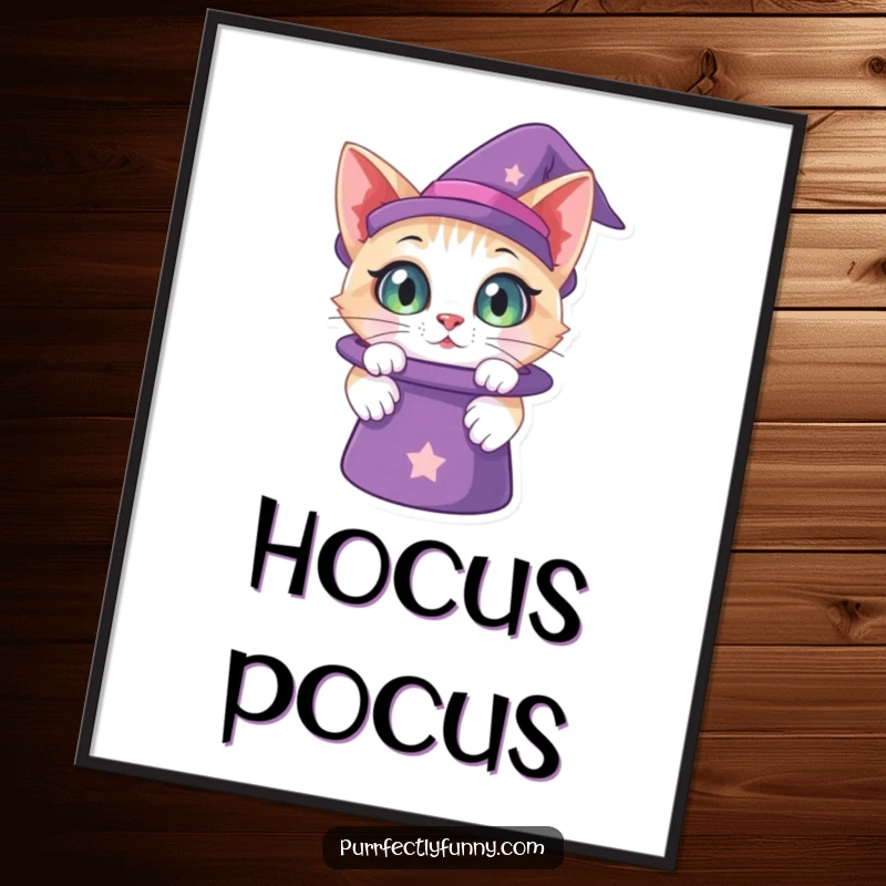 Funny digital art print of a cat with curious eyes peering into a magic hat, perfect for adding whimsical and intriguing decor.