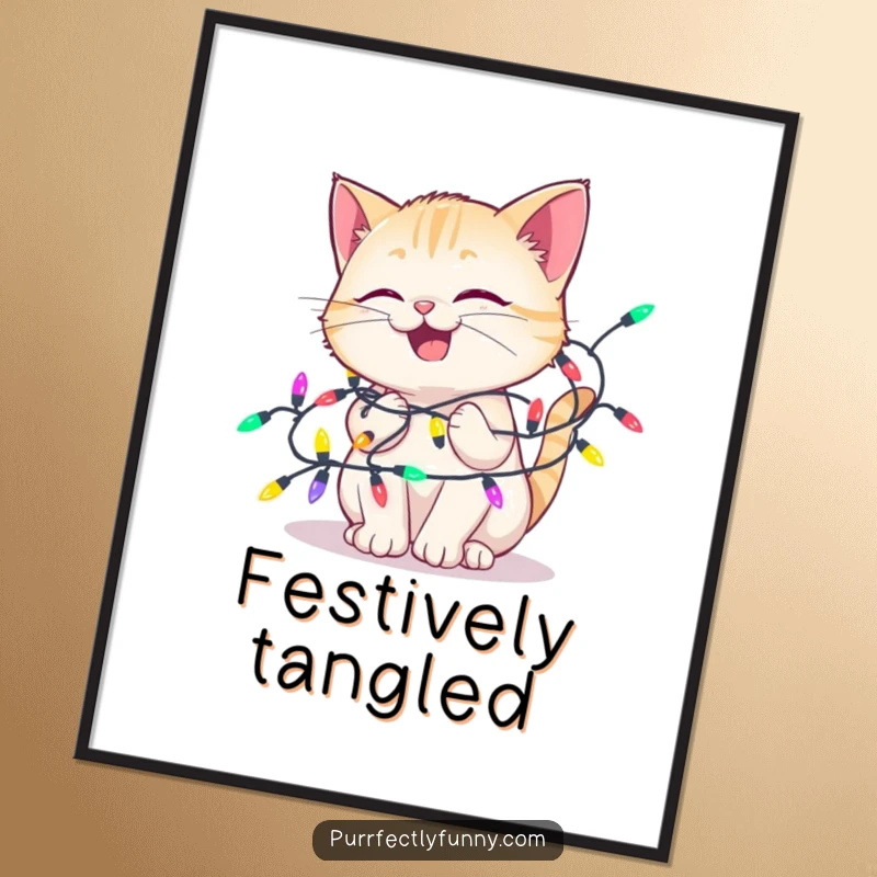 Funny digital art print of a delighted cat happily tangled in colorful holiday lights, offering instant humorous and festive wall decor.