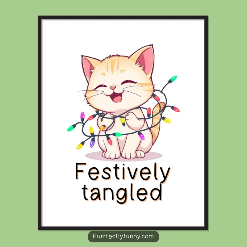 Funny Delighted Cat Lights Digital Art: Festive Tangle, Hilarious Holiday Decor Download