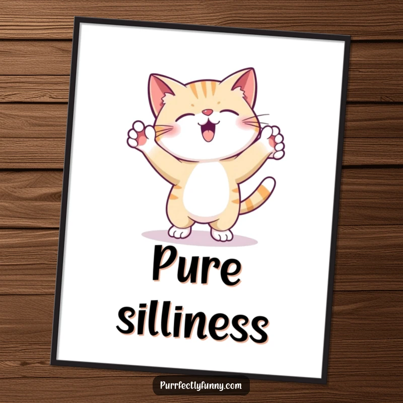 Funny Digital Art Print of a cat dancing sillily with paws raised, bringing instant joy and humor to digital decor.