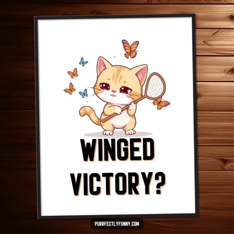 Funny digital art print of a goofy cat with a net, comically focused on catching butterflies, perfect for adding humor to any room.