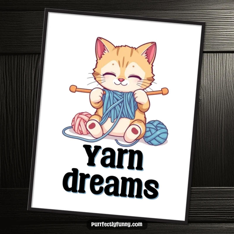 Funny cat attempting to knit with giant yarn and needles, whimsical digital art for printable wall decor.