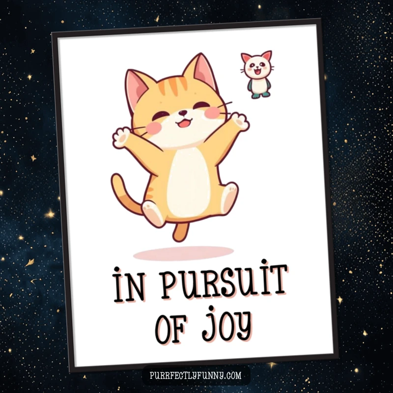 Funny digital art print featuring a simplified cat character in a dynamic leap, paws outstretched towards an enticing floating toy.