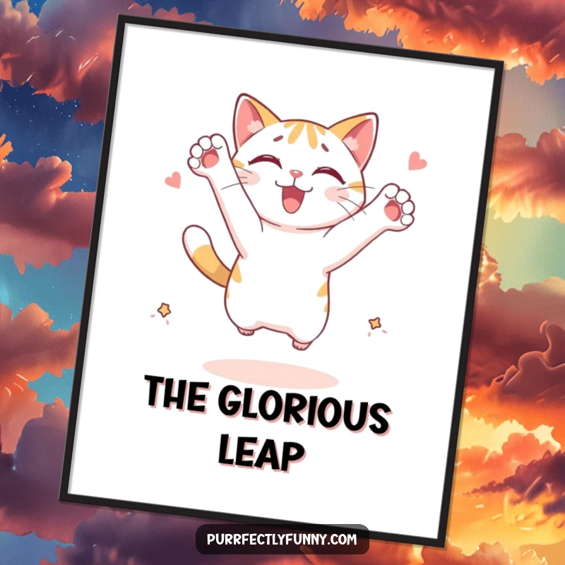 Funny cat digital art print: cat character leaping with outstretched paws, enthusiastically chasing an imagined treat, creating a dynamic scene.