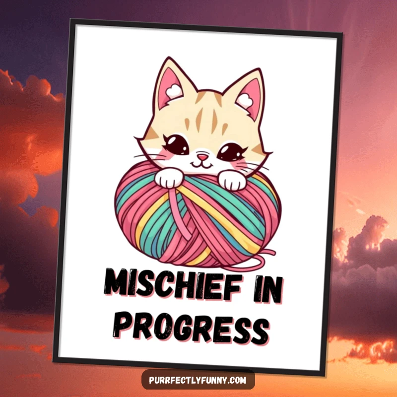 Funny digital art of a cat character with a mischievous grin, playfully hiding behind a large ball of yarn.