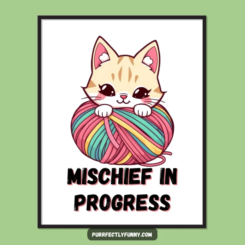 Funny Mischief Cat Digital Art: Playful Yarn Hideaway for Walls
