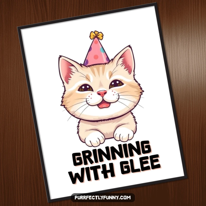 Funny digital art print of a cat in a tilted party hat with a comical grin, bringing festive cheer and humor to any space.