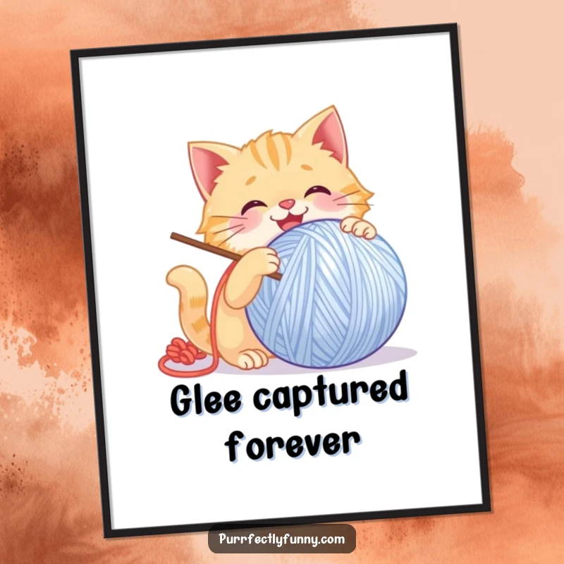 Funny Cat Digital Art Print: High-quality, funny illustration of a cat gleefully batting a giant, smiling ball of yarn.