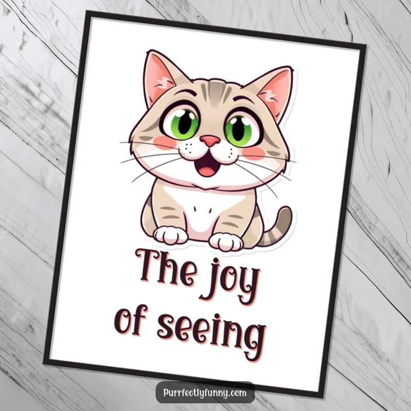 Funny cat digital art with wide, shocked eyes and a huge, comical grin, ideal for printable wall decor.