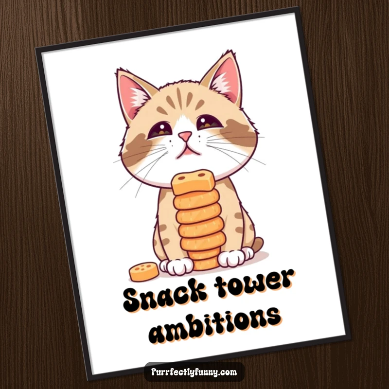 Funny digital art print of a cat attempting to balance a stack of treats on its nose, capturing focused, humorous effort.