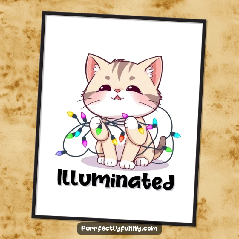 Funny digital art print of a cat tangled in colorful holiday lights, looking amused, perfect for adding festive and humorous decor.