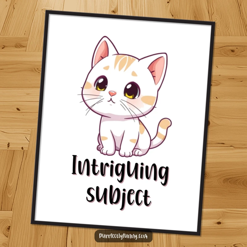 Funny curious cat digital art print, capturing a cat tilting its head with twitching whiskers, investigating an unseen object.