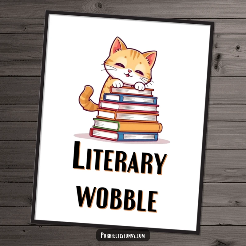 Funny Cat Digital Art: A cat humorously tries to balance a stack of books, an amusing digital illustration perfect for printing and framing.