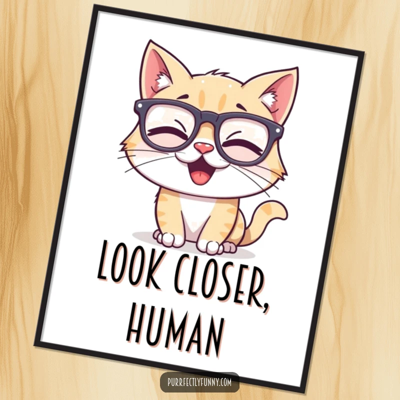Funny digital art print of a cat character joyfully giggling while wearing comically large, silly glasses, ideal for humorous wall decor.