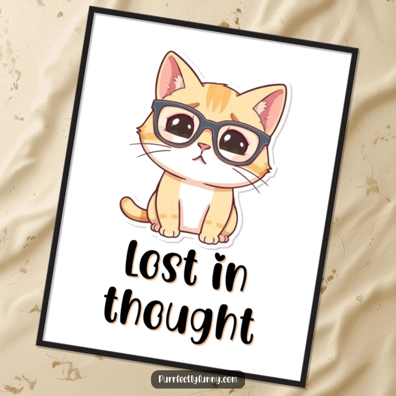 Funny cat wearing oversized glasses, looking comically confused, as a digital art print.