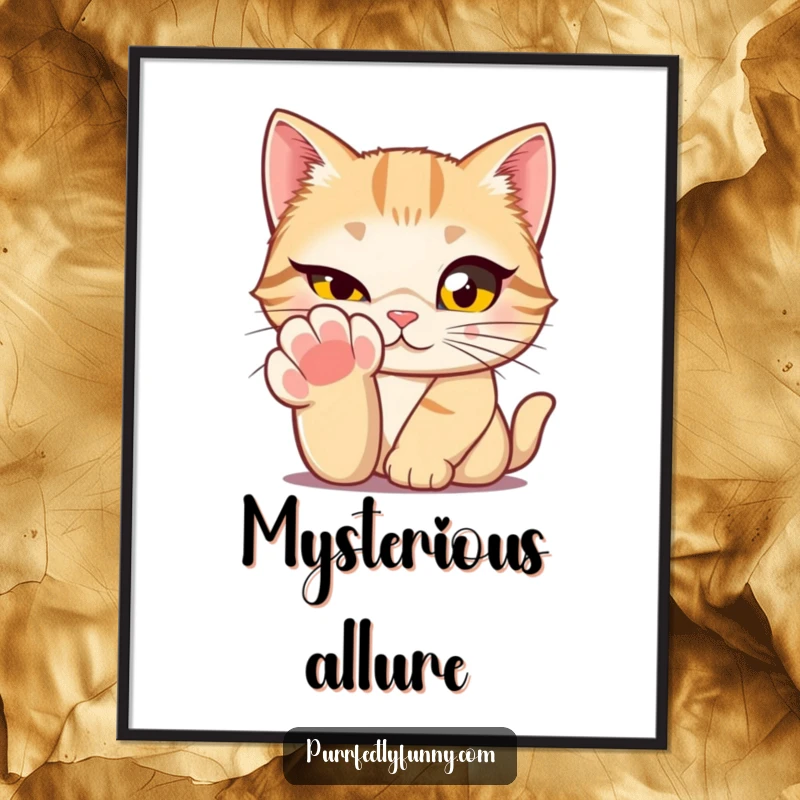Funny cat with exaggeratedly large eyes winking from behind its paw as a digital art print, adding playful charm to decor.