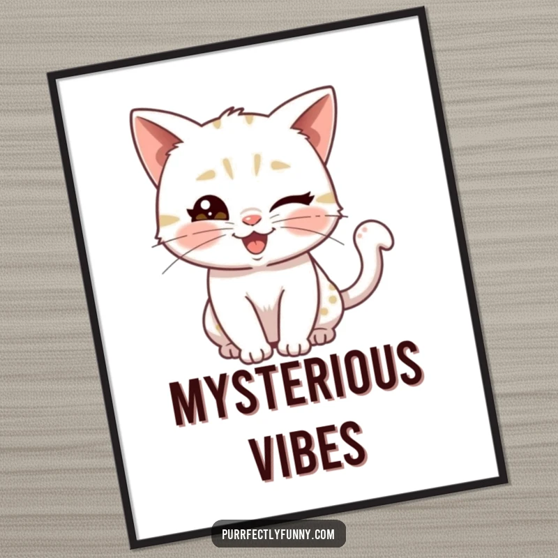 Funny digital art print of a playful cat giving a knowing wink and a wiggly tail, capturing feline mischief and charm.