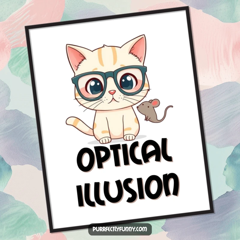 Funny Digital Art Print of a cat in oversized glasses looking surprised at a toy mouse, ideal for instant humorous decor.