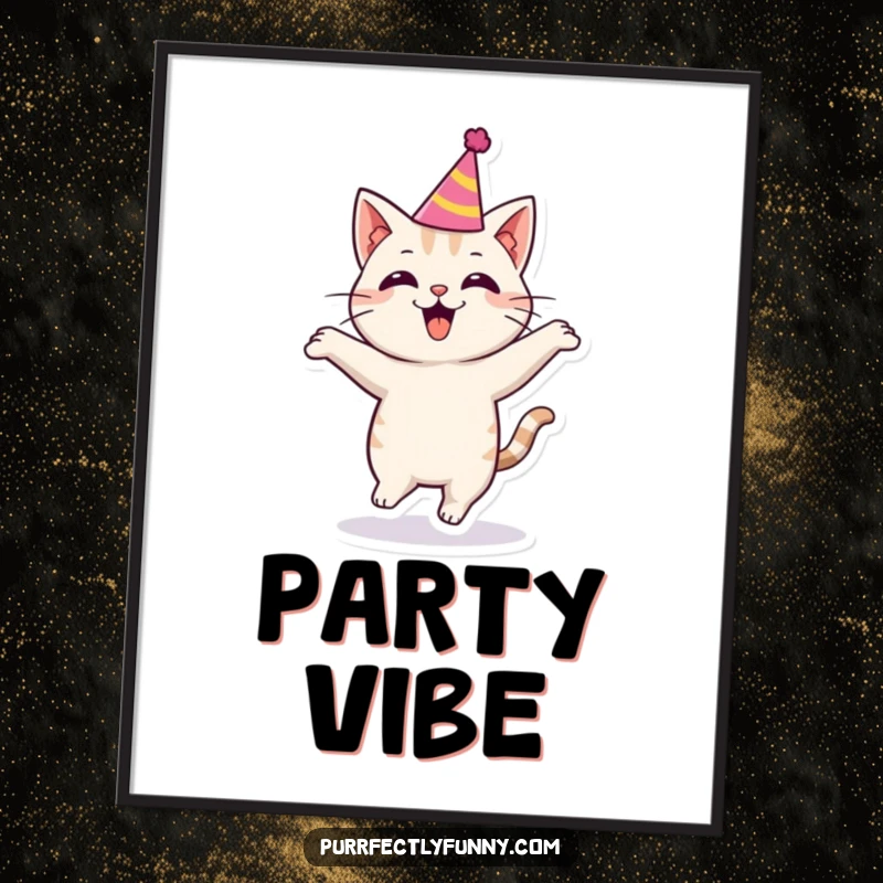 Funny cat wearing a party hat, bouncing with excitement, ideal for instant digital art prints.