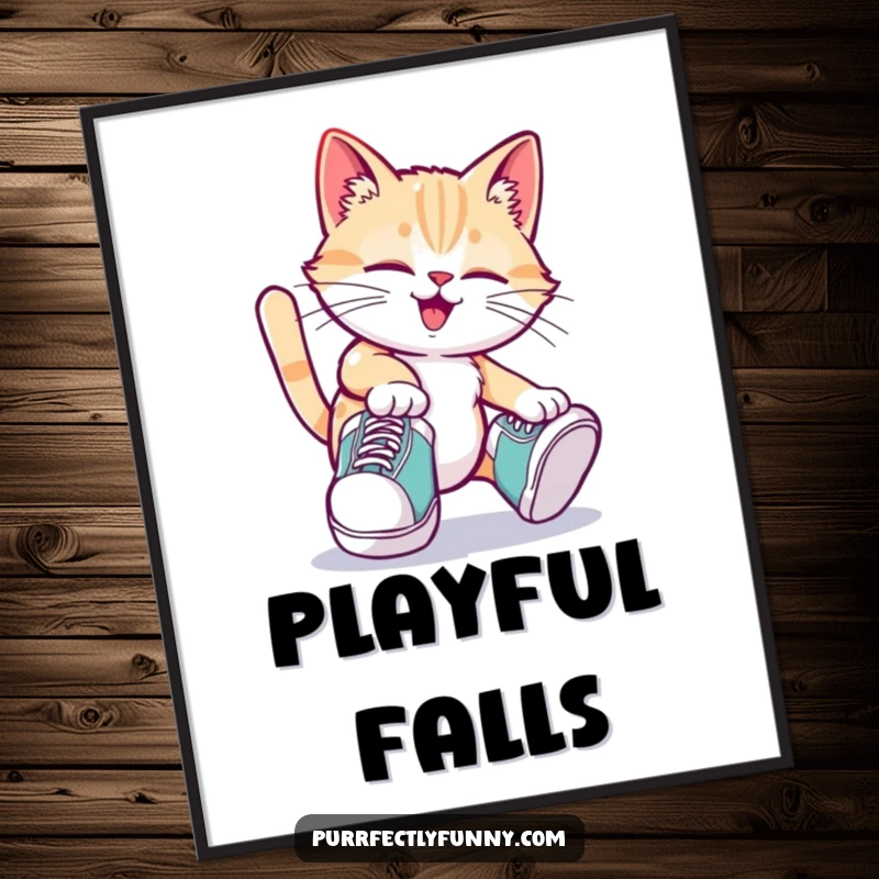 Funny cat digital art wearing oversized shoes and tripping playfully, ideal for printable wall decor.